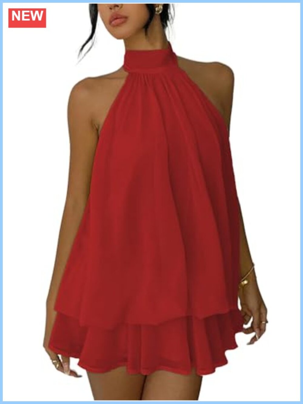 Women Y2K Chiffon Halter Mini Dress Bubble Flowy Party Club Night Out